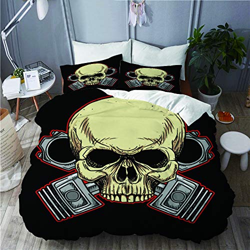 Popsastaresa Bedding Juego de Funda de Edredón,Insignia del Club de Motos clásicas de Biker Skull,Funda de Nórdico y 2 Fundas de Almohada King