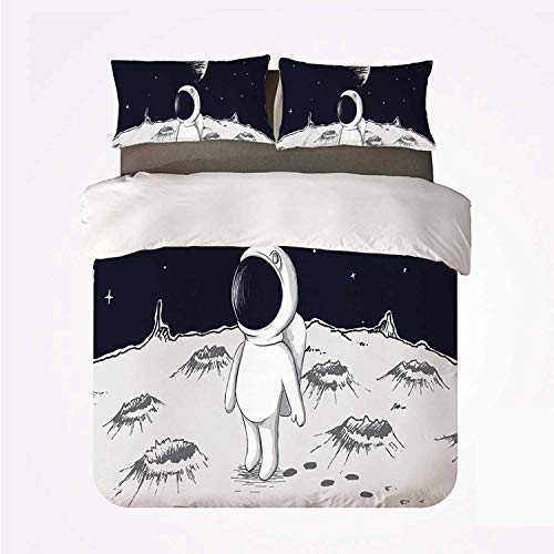 Popun Juego de Funda nórdica Astronaut Durable 3 Juegos de Cama, Lindo Astronauta Caminando en la Luna Espacio Estrellas niños Dibujos Animados Dibujados a Mano Arte Decorativo para Interiores