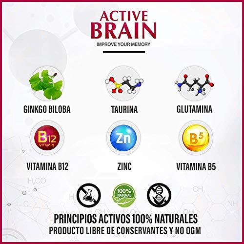 Potente Nootrópico Natural | Aumenta la Concentración y Capacidad de Estudio y Trabajo | Ginkgo Biloba + Taurina + Zinc + Vitamina B12 y B5 | Potencia la memoria | Aporta Vitalidad | 60 cápsulas