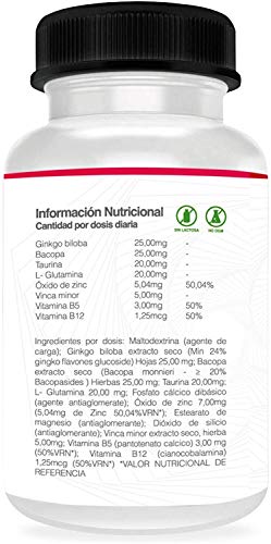 Potente Nootrópico Natural | Aumenta la Concentración y Capacidad de Estudio y Trabajo | Ginkgo Biloba + Taurina + Zinc + Vitamina B12 y B5 | Potencia la memoria | Aporta Vitalidad | 60 cápsulas