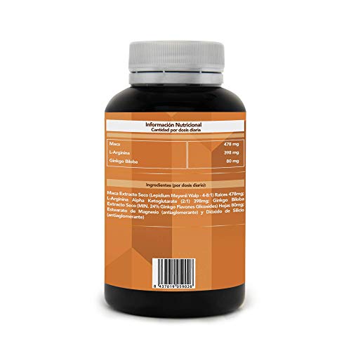 Potente Vigorizante natural | Booster de Testosterona | Maca Andina Pura + L- Arginina LKG + Ginkgo Biloba | Acción Afrodisiaca natural y estimulante muscular | Potencia tus entrenamientos | 90 Caps.