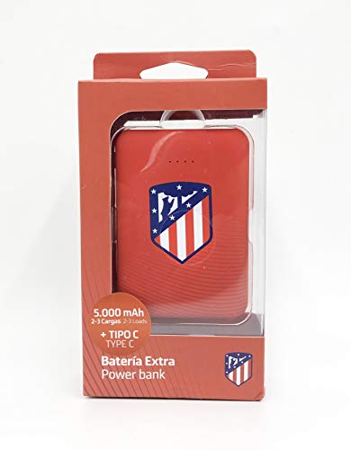 Power Bank- Bateria Externa para móvil. Producto Oficial Atletico de Madrid 5.000 mAh. Entrada Tipo C y micro USB. Salida USB. Tamaño pequeño y ligero.