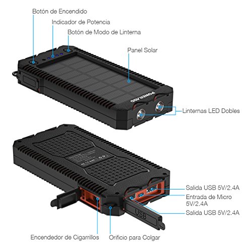 POWERADD Cargador Solar 12000mAh Colgado Batería Externa Móvil Portátil 2 USB de 2.4A Carga Rápida con Multifunción Linterna y Mosquetón, A Super-Prueba de Agua y Choques para Smartphones, Tabletas