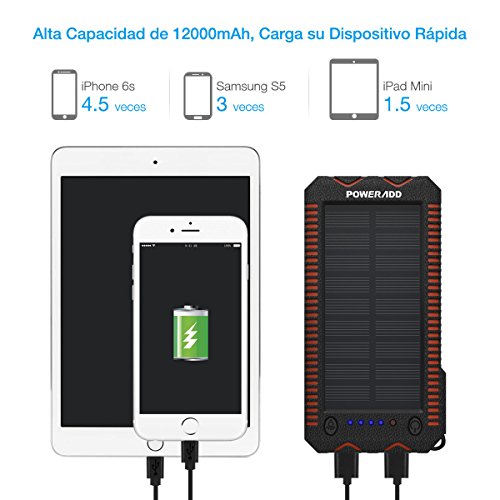 POWERADD Cargador Solar 12000mAh Colgado Batería Externa Móvil Portátil 2 USB de 2.4A Carga Rápida con Multifunción Linterna y Mosquetón, A Super-Prueba de Agua y Choques para Smartphones, Tabletas