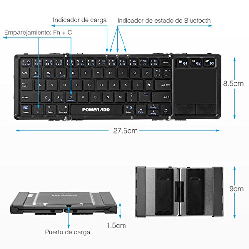 POWERADD Teclado Inalámbrico con Multi-touchpad de Español con Tri-Plegable,Compatible con Android, Windows, iOS,Smartphone