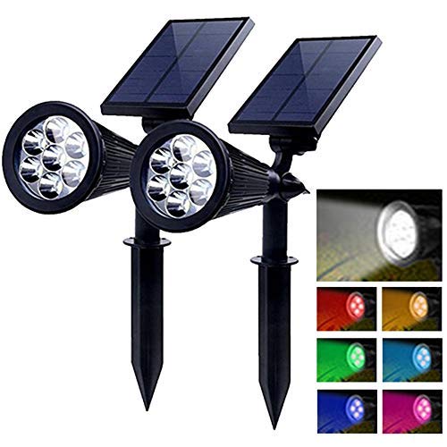 PowerKing Foco Solar LED Lámpara Exterior IP65 Impermeable Luces 7 Colores Cambia con 2 Modos Bajo Voltaje Pared Iluminación de Seguridad Pilas para Terraza, Jardín, Césped, Patio, Caminos（2 Paquetes）