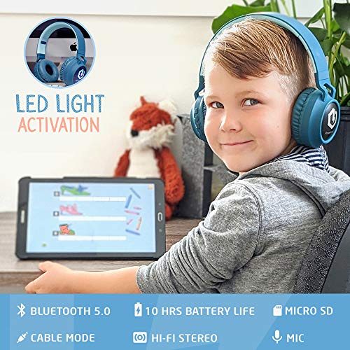 PowerLocus Auriculares Bluetooth de Diadema para niños, Cascos Bluetooth Inalámbricos, Auditiva Límite de 85DB, Sonido Estéreo, con Micrófono, Micro SD, Plegable, Estuche Cascos para Movil, Tablet,PC