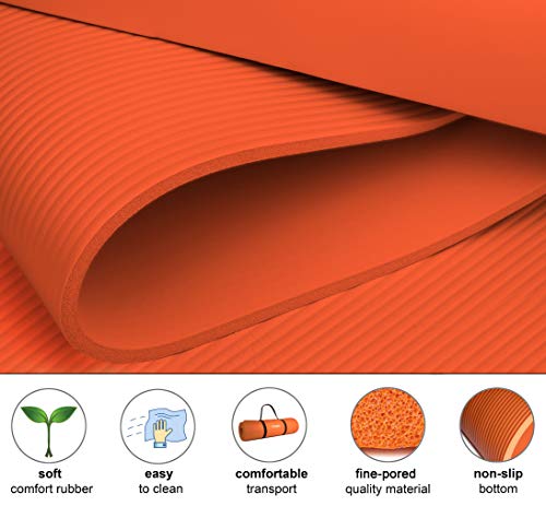 POWRX Colchoneta Fitness Antideslizante 183 x 60 cm - Esterilla Ideal para Yoga, Pilates y ginnasia - Extra Suave de 1 cm de Grosor - Ecológica con Cinta para Transporte y Funda + Poster (Orange)