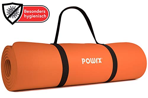 POWRX Colchoneta Fitness Antideslizante 183 x 60 cm - Esterilla Ideal para Yoga, Pilates y ginnasia - Extra Suave de 1 cm de Grosor - Ecológica con Cinta para Transporte y Funda + Poster (Orange)