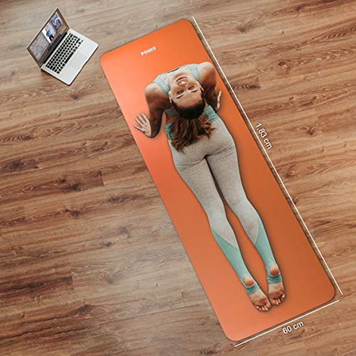 POWRX Colchoneta Fitness Antideslizante 183 x 60 cm - Esterilla Ideal para Yoga, Pilates y ginnasia - Extra Suave de 1 cm de Grosor - Ecológica con Cinta para Transporte y Funda + Poster (Orange)