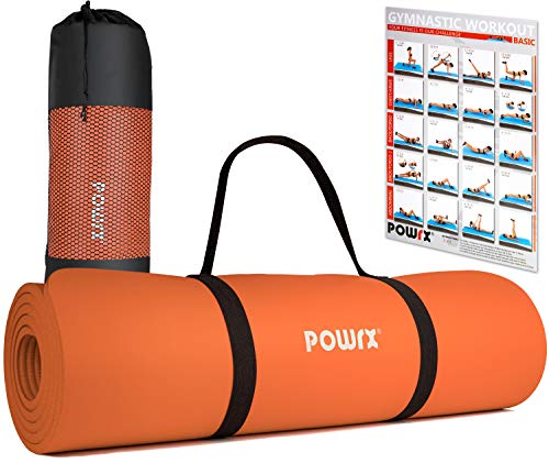 POWRX Colchoneta Fitness Antideslizante 183 x 60 cm - Esterilla Ideal para Yoga, Pilates y ginnasia - Extra Suave de 1 cm de Grosor - Ecológica con Cinta para Transporte y Funda + Poster (Orange)