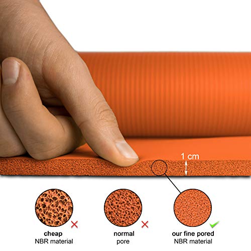 POWRX Colchoneta Fitness Antideslizante 183 x 60 cm - Esterilla Ideal para Yoga, Pilates y ginnasia - Extra Suave de 1 cm de Grosor - Ecológica con Cinta para Transporte y Funda + Poster (Orange)