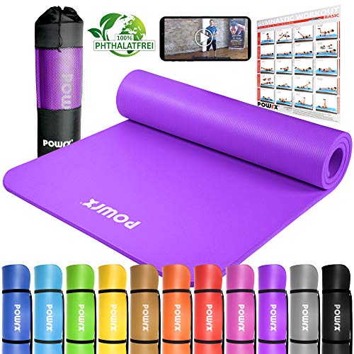 POWRX - Colchoneta Fitness Antideslizante 190 x 60 x 1,5 cm - Esterilla Extra Suave Ideal para Yoga, Pilates y ginnasia - Ecológica con Cinta para Transporte y Funda + Poster (Viola Claro)