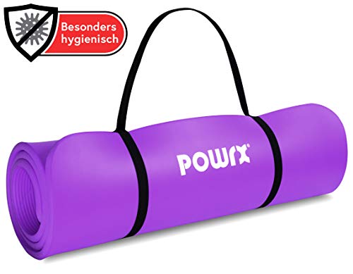 POWRX - Colchoneta Fitness Antideslizante 190 x 60 x 1,5 cm - Esterilla Extra Suave Ideal para Yoga, Pilates y ginnasia - Ecológica con Cinta para Transporte y Funda + Poster (Viola Claro)