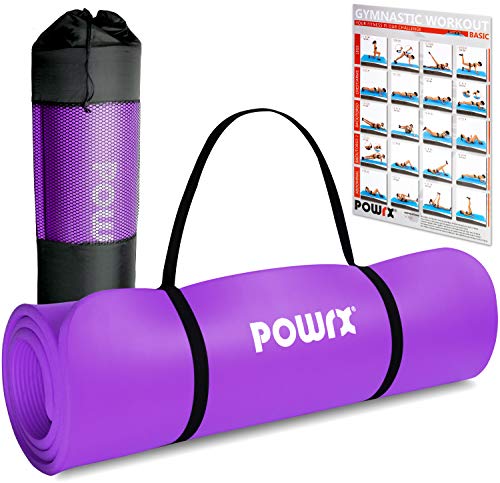 POWRX - Colchoneta Fitness Antideslizante 190 x 60 x 1,5 cm - Esterilla Extra Suave Ideal para Yoga, Pilates y ginnasia - Ecológica con Cinta para Transporte y Funda + Poster (Viola Claro)