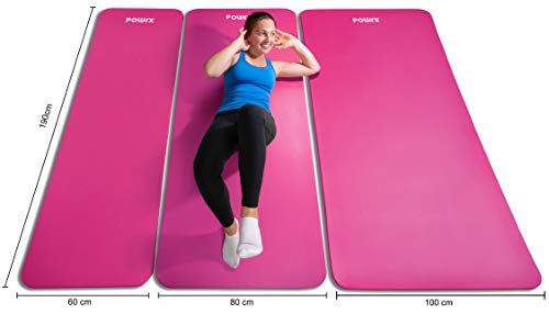 POWRX - Colchoneta Fitness Antideslizante 190 x 60 x 1,5 cm - Esterilla Extra Suave Ideal para Yoga, Pilates y ginnasia - Ecológica con Cinta para Transporte y Funda + Poster (Pink)