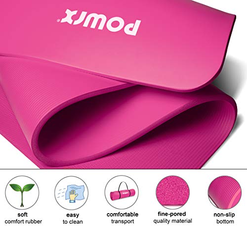 POWRX - Colchoneta Fitness Antideslizante 190 x 60 x 1,5 cm - Esterilla Extra Suave Ideal para Yoga, Pilates y ginnasia - Ecológica con Cinta para Transporte y Funda + Poster (Pink)