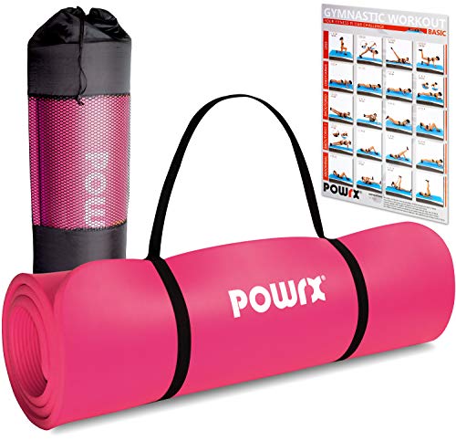 POWRX - Colchoneta Fitness Antideslizante 190 x 60 x 1,5 cm - Esterilla Extra Suave Ideal para Yoga, Pilates y ginnasia - Ecológica con Cinta para Transporte y Funda + Poster (Pink)