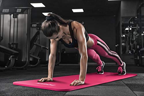 POWRX - Colchoneta Fitness Antideslizante 190 x 60 x 1,5 cm - Esterilla Extra Suave Ideal para Yoga, Pilates y ginnasia - Ecológica con Cinta para Transporte y Funda + Poster (Pink)