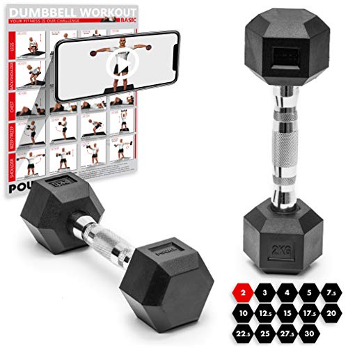 POWRX - Mancuernas hexagonales 20 kg Set (2 x 10 kg) - Revestimiento de Goma + PDF Workout (Negro)