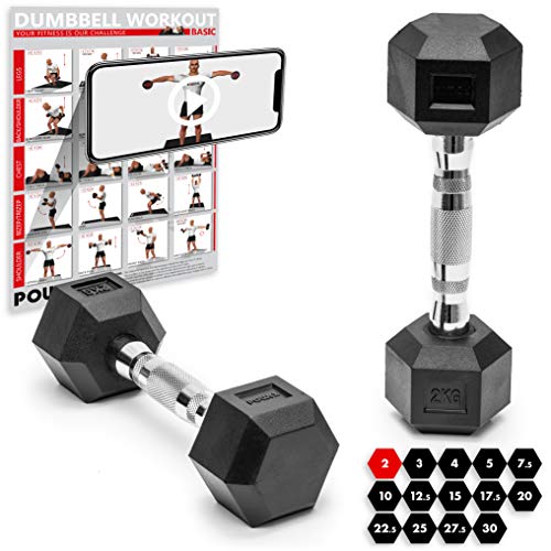 POWRX - Mancuernas hexagonales 40 kg Set (2 x 20 kg) - Revestimiento de Goma + PDF Workout (Negro)