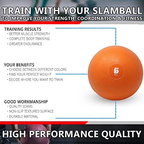 POWRX Slam Ball Balón Medicinal 5 kg - Ideal para Ejercicios de »Functional Fitness«, fortalecimiento y tonificación Muscular - Contenido de Arena y Efecto Anti-Rebote + PDF Workout (Naranja)