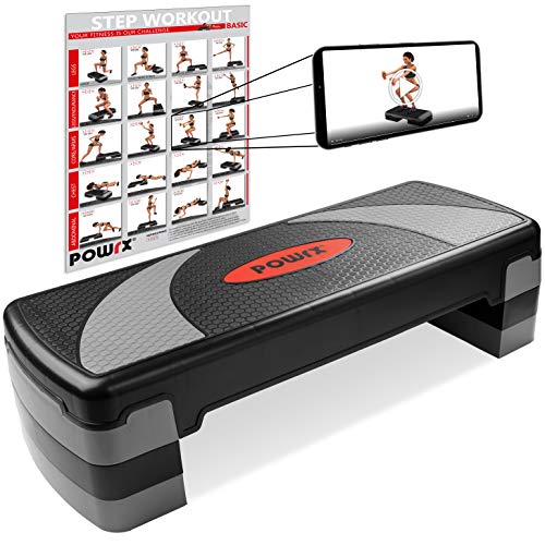POWRX Step fitness/aeróbic escalón XL (80 x 30 cm) - Stepper ideal para ejercicios en casa y gimnasio - Altura regulable y superficie antideslizante + PDF workout (Negro/Gris)