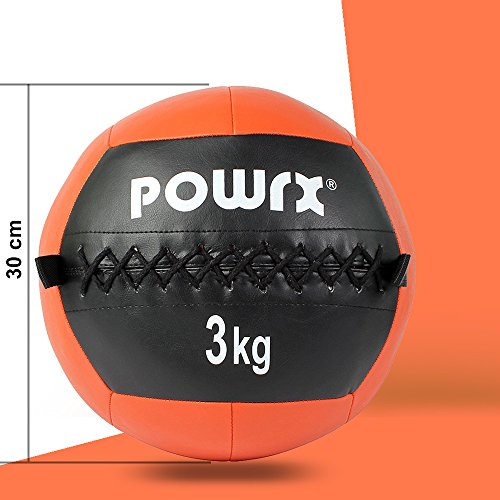 POWRX Wall Ball Balón Medicinal 3 kg - Ideal para Ejercicios de »Functional Fitness«, fortalecimiento y tonificación Muscular - Agarre Antideslizante + PDF Workout (Naranja)