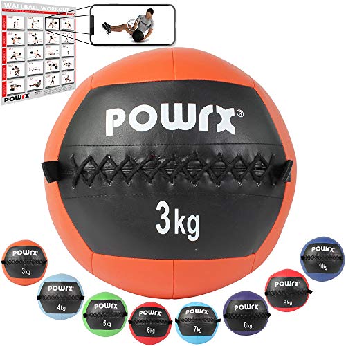 POWRX Wall Ball Balón Medicinal 3 kg - Ideal para Ejercicios de »Functional Fitness«, fortalecimiento y tonificación Muscular - Agarre Antideslizante + PDF Workout (Naranja)