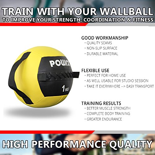 POWRX Wall Ball con Asas Laterales 1 kg - Ideal para Ejercicios de »Functional Fitness«, fortalecimiento y tonificación Muscular - Agarre Antideslizante + PDF Workout (Amarillo)