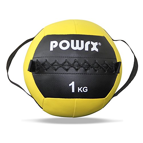 POWRX Wall Ball con Asas Laterales 1 kg - Ideal para Ejercicios de »Functional Fitness«, fortalecimiento y tonificación Muscular - Agarre Antideslizante + PDF Workout (Amarillo)