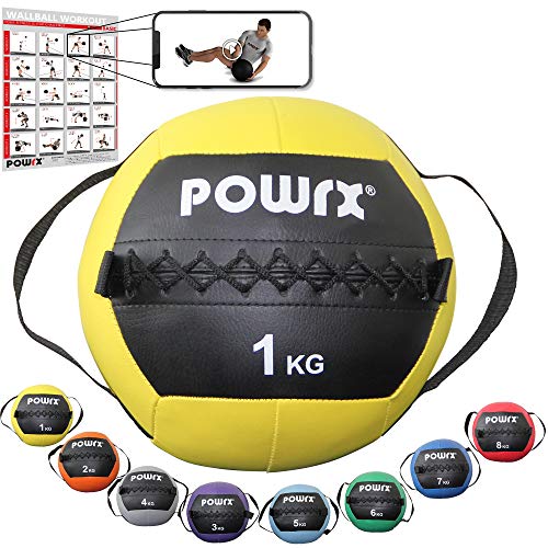 POWRX Wall Ball con Asas Laterales 1 kg - Ideal para Ejercicios de »Functional Fitness«, fortalecimiento y tonificación Muscular - Agarre Antideslizante + PDF Workout (Amarillo)