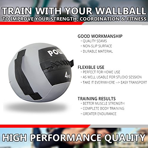 POWRX Wall Ball con Asas Laterales 4 kg - Ideal para Ejercicios de »Functional Fitness«, fortalecimiento y tonificación Muscular - Agarre Antideslizante + PDF Workout (Gris)