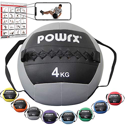 POWRX Wall Ball con Asas Laterales 4 kg - Ideal para Ejercicios de »Functional Fitness«, fortalecimiento y tonificación Muscular - Agarre Antideslizante + PDF Workout (Gris)