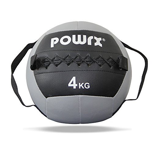 POWRX Wall Ball con Asas Laterales 4 kg - Ideal para Ejercicios de »Functional Fitness«, fortalecimiento y tonificación Muscular - Agarre Antideslizante + PDF Workout (Gris)