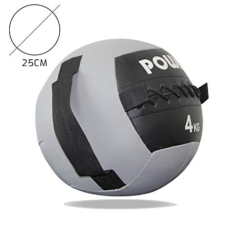 POWRX Wall Ball con Asas Laterales 4 kg - Ideal para Ejercicios de »Functional Fitness«, fortalecimiento y tonificación Muscular - Agarre Antideslizante + PDF Workout (Gris)