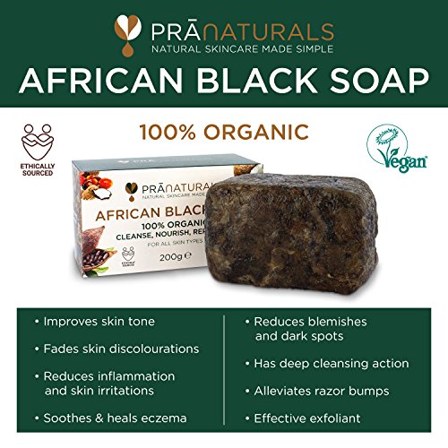 PraNaturals Jabón Negro Africano 200g, Orgánico y Vegano para Todo Tipo de Pieles, de Origen y Artesanal en Ghana Tropical