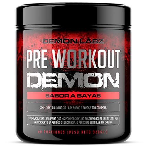 Pre Workout Demon (Sabor Frutas del Bosque) - Suplemento Potente pre-Entreno con Creatina, Cafeína, Beta-Alanina y Glutamina (Envase de 320 Gramos - 40 Porciones)