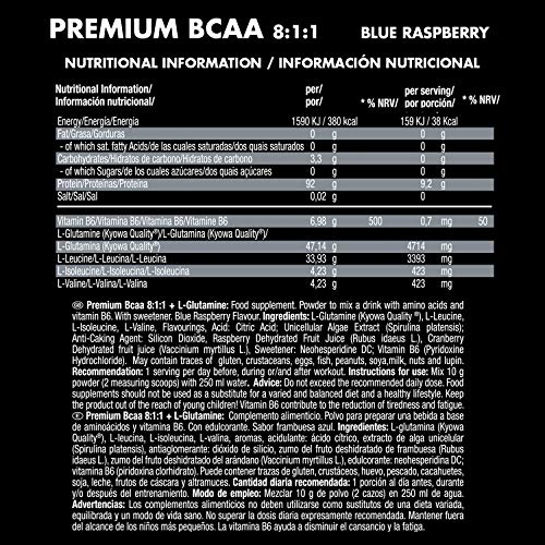 Premium BCAA 811+L-Gluamina Sabor Blue Raspberry 500g. Con Vitamina B6. Sin azúcar.