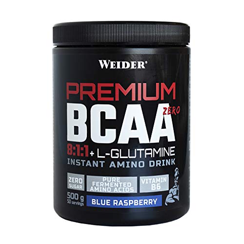 Premium BCAA 811+L-Gluamina Sabor Blue Raspberry 500g. Con Vitamina B6. Sin azúcar.