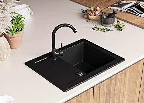 PRIMAGRAN Fregadero de Granito - Ibiza, Lavabo Cocina Un Seno + Mezclador de Fregadero + Sifón Automático, Fregadero Empotrado 64 x 49 cm, Negro PRIMAGRAN Fregadero de Granito - Ibiza, Lavabo Cocina Un Seno + Mezclador de Fregadero + Sifón Automático, Fregadero Empotrado 64 x 49 cm, Negro