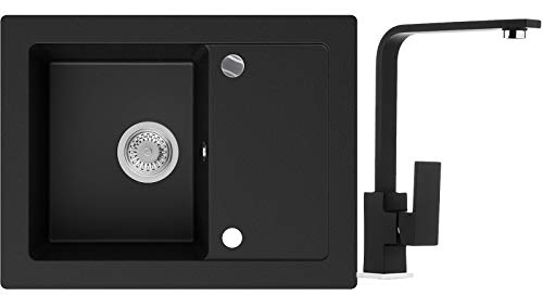 PRIMAGRAN Fregadero de Granito - Ibiza, Lavabo Cocina Un Seno + Mezclador de Fregadero + Sifón Automático, Fregadero Empotrado 64 x 49 cm, Negro PRIMAGRAN Fregadero de Granito - Ibiza, Lavabo Cocina Un Seno + Mezclador de Fregadero + Sifón Automático, Fregadero Empotrado 64 x 49 cm, Negro
