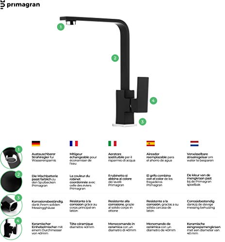 PRIMAGRAN Fregadero de Granito - Ibiza, Lavabo Cocina Un Seno + Mezclador de Fregadero + Sifón Automático, Fregadero Empotrado 64 x 49 cm, Negro PRIMAGRAN Fregadero de Granito - Ibiza, Lavabo Cocina Un Seno + Mezclador de Fregadero + Sifón Automático, Fregadero Empotrado 64 x 49 cm, Negro