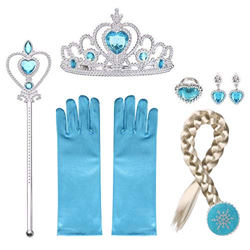 Princesa Disfraces con accesorios, URAQT Accesorios de Princesa disfraces, Princesa Vestir Accesorios include trenza / Tiara con Diamante / Magic Wand / Gloves /Necklace para Niña，Azul, 6PCS