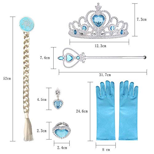 Princesa Disfraces con accesorios, URAQT Accesorios de Princesa disfraces, Princesa Vestir Accesorios include trenza / Tiara con Diamante / Magic Wand / Gloves /Necklace para Niña，Azul, 6PCS