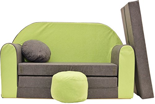 Pro Cosmo A1 - Sofá Cama Infantil con puf, reposapiés, Tela Gris y Verde, 168 x 98 x 60 cm