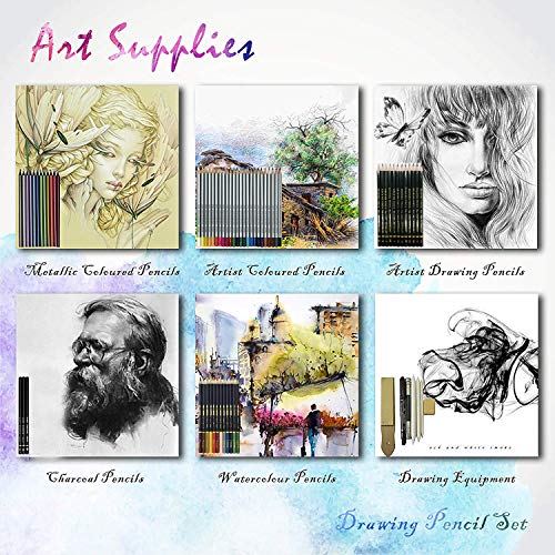 Profesional Lápices de colores Conjunto de Dibujo Artístico,lapiz dibujo y Bosquejo Material Set,Incluye lápices metálicos,acuarelables,carbón,Lápices Pastel,Herramientas de dibujo y Caja de lápiz