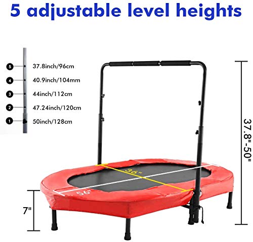 Profun Mini Trampolín Fitness Interior / Exterior - Manillares Ajustables y Sistema de Cuerda Elástica para Niños / Adultos (Carga máxima: 220 lbs) (Rojo 2)