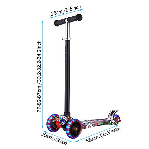 Profun Patinete 4 Ruedas Patinete para Niños Flash Patinete con Luces Altura de Manillar Ajustable de 64-87CM Ideal para Niños de 3-8 años(Menores de 1,4 m)(Graffiti)