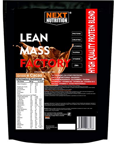 Proteína Aumento de Peso Recuperación Masa muscular Gainer Lean Mass Factory PROTEIN G 1000 Cacao Liberación Lenta Creatina Glutamina Taurina ZMA Vitaminas Sin Gluten de Aspartamo